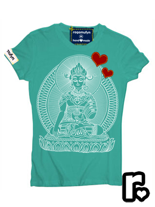 ocean blue and white custom made ragamufyn tee shirt with buddha om namaste