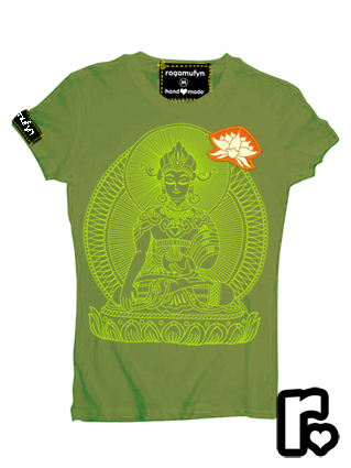 supa glow neon olive and chartreuse custom made ragamufyn tee shirt with buddha om namaste blacklight