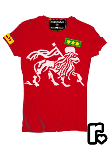 red and white custom made ragamufyn tee shirt with rasta lion of judah om namaste