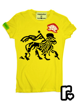 yellow and black custom made ragamufyn tee shirt with rasta lion of judah om namaste